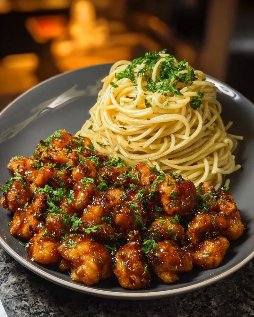 Lemon garlic butter chicken bites with savory parmesan linguine on a plate