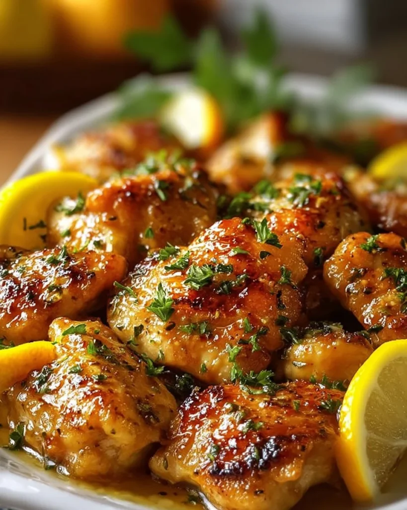 Plate of lemon garlic chicken bites garnished with herbs