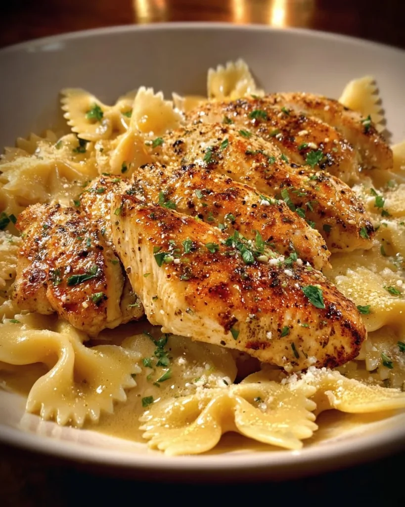 Lemon Garlic Chicken served with creamy bowtie pasta in a beautiful plate