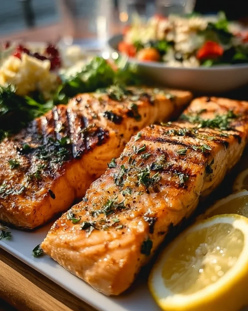 Delicious lemon grilled salmon served with fresh herbs and vegetables.