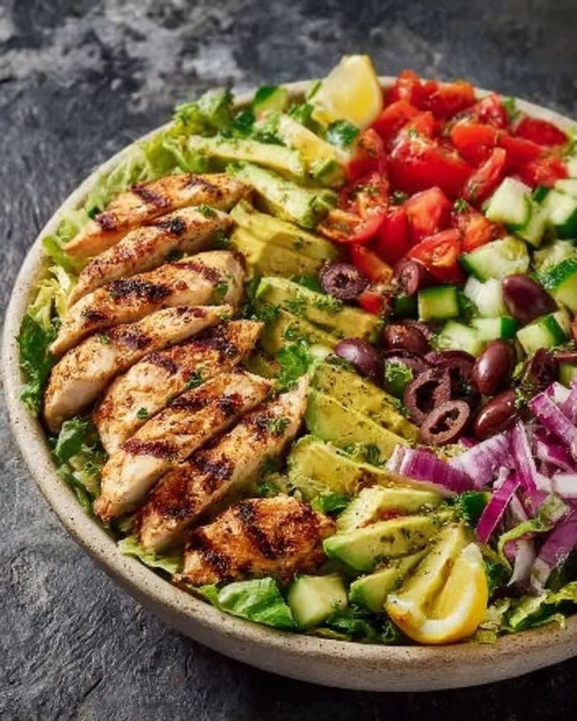 Lemon Herb Mediterranean Chicken Salad with fresh vegetables and grilled chicken.