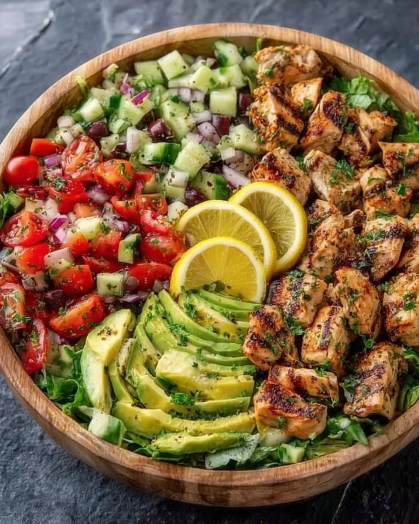 Fresh lemon herb Mediterranean chicken salad with vegetables and dressing