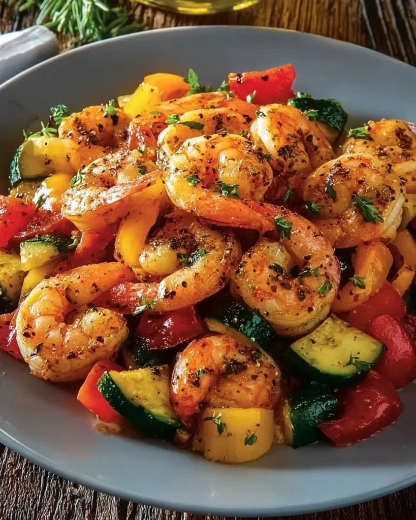 Healthy lemon herb shrimp and veggie skillet with vibrant vegetables