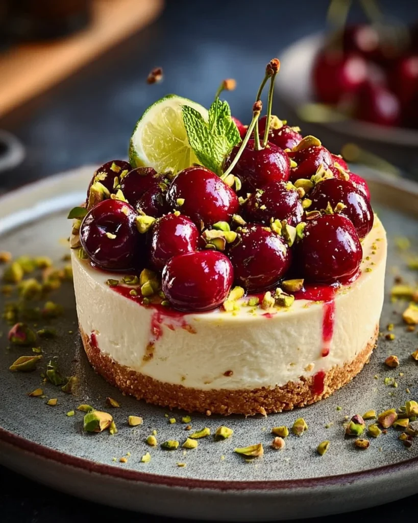 Sliced Lemon Lime Cherry Pistachio Cheesecake garnished with cherries and pistachios.