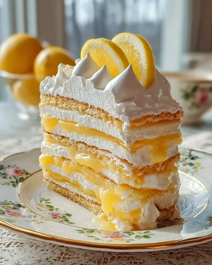Delicious Lemon Meringue Cake topped with fluffy meringue and lemon zest