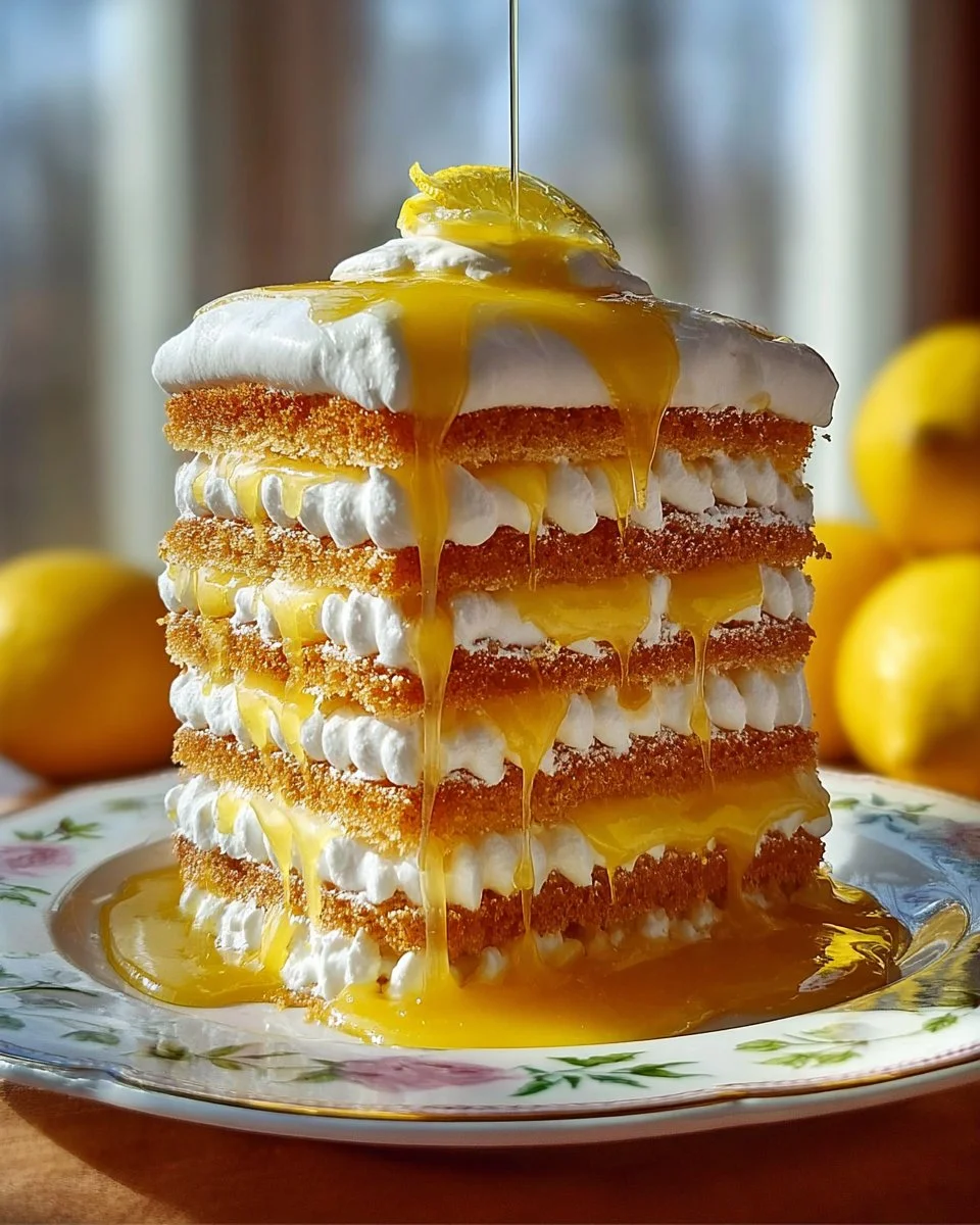Delicious Lemon Meringue Cake with fluffy meringue and lemon filling