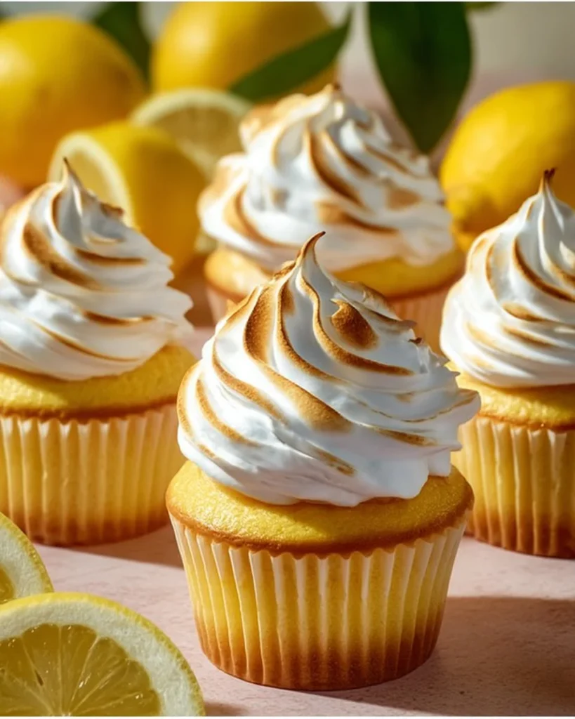 Delicious Lemon Meringue Cupcakes topped with fluffy meringue.