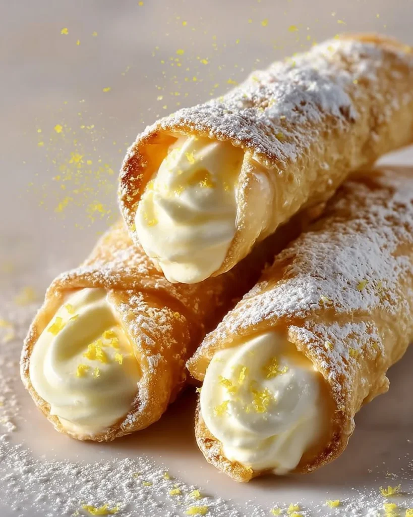Lemon Meringue Pie Cannoli with creamy filling and zesty lemon zest