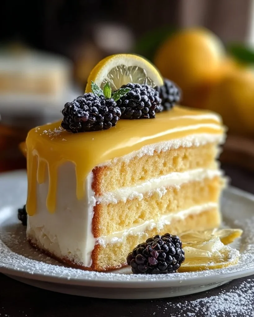 Delicious lemon mousse cake topped with fresh citrus fruit and whipped cream