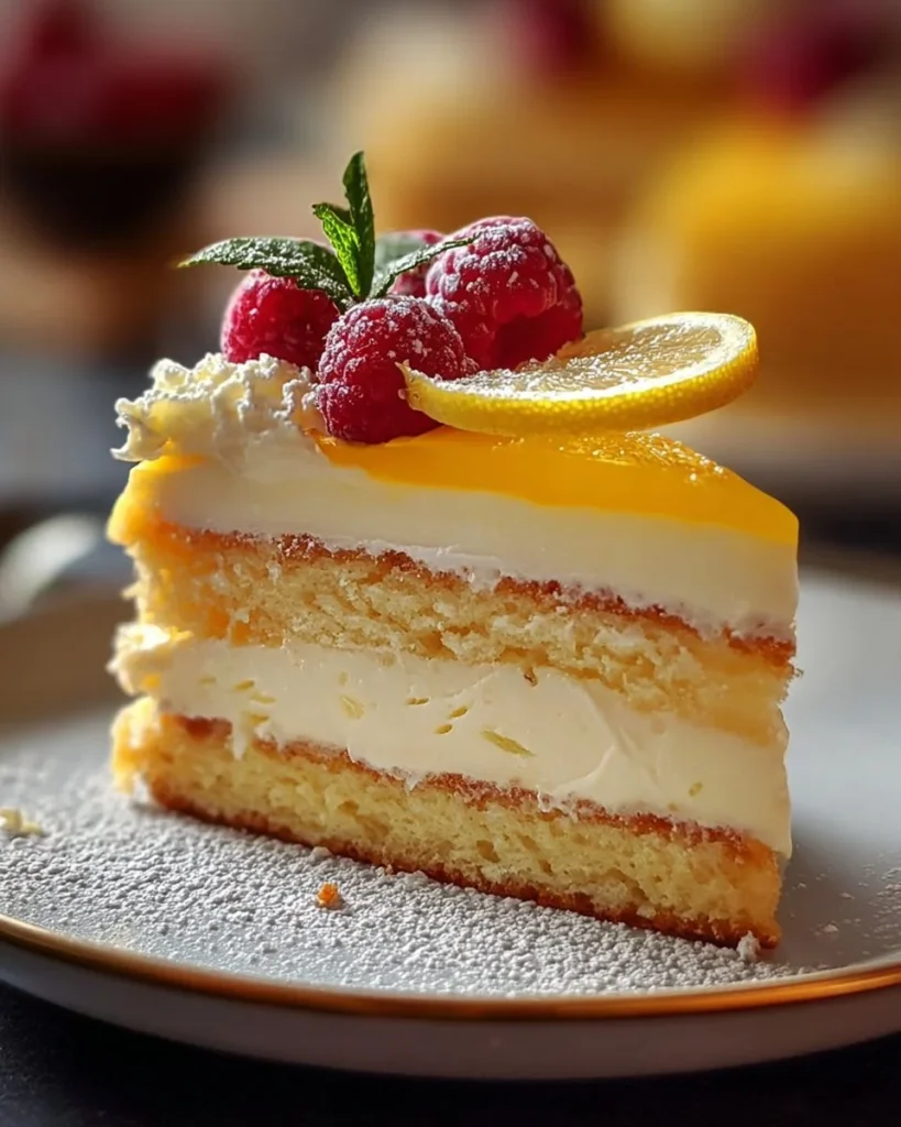 Deliciously creamy lemon mousse cake topped with fresh fruit.