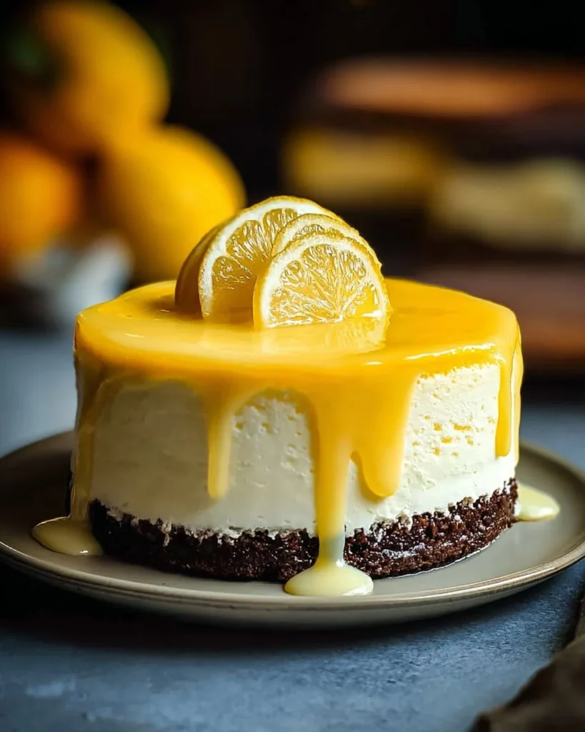 Delicious Lemon Mousse Cake topped with citrus zest and fresh lemon slices.