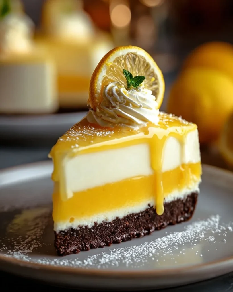 Delicious lemon mousse cake topped with lemon zest and whipped cream