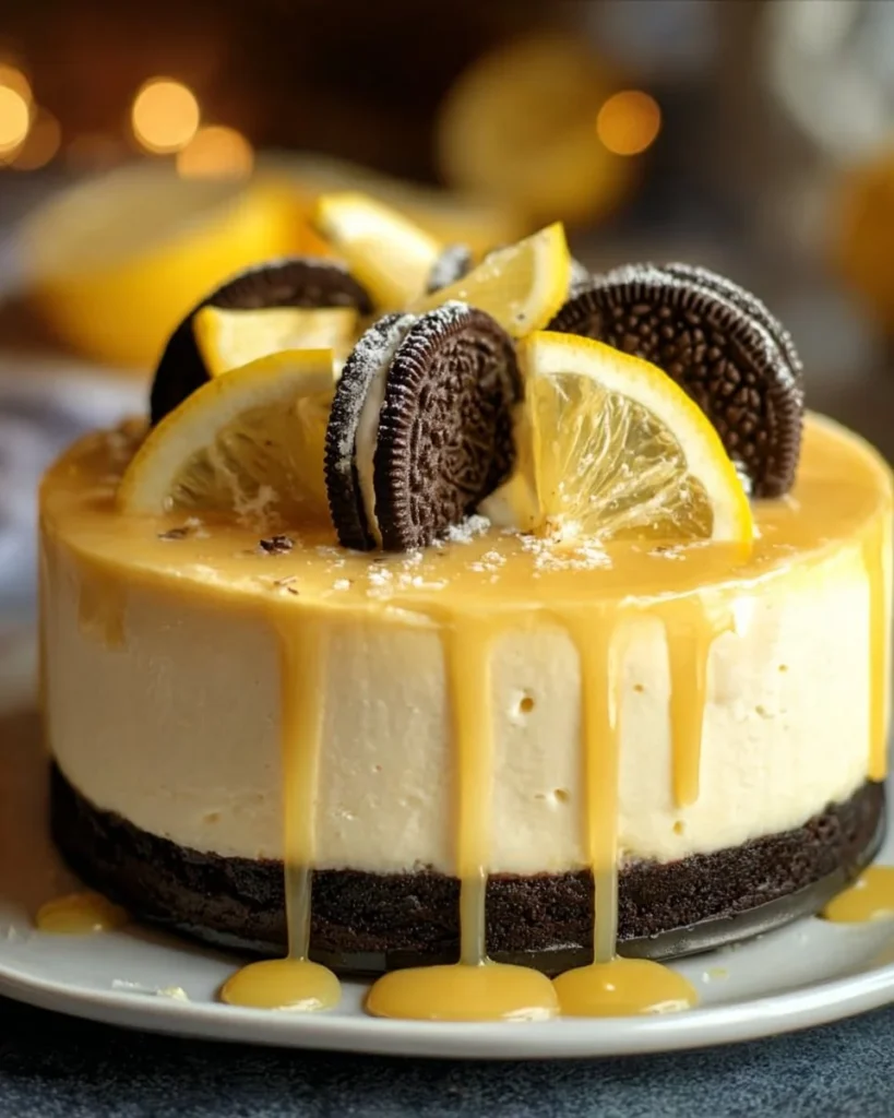Slice of Lemon Oreo Cheesecake on a plate garnished with lemon zest.