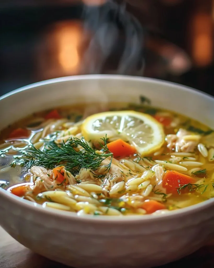 Bowl of Lemon Orzo Chicken Soup with fresh herbs and lemon slices
