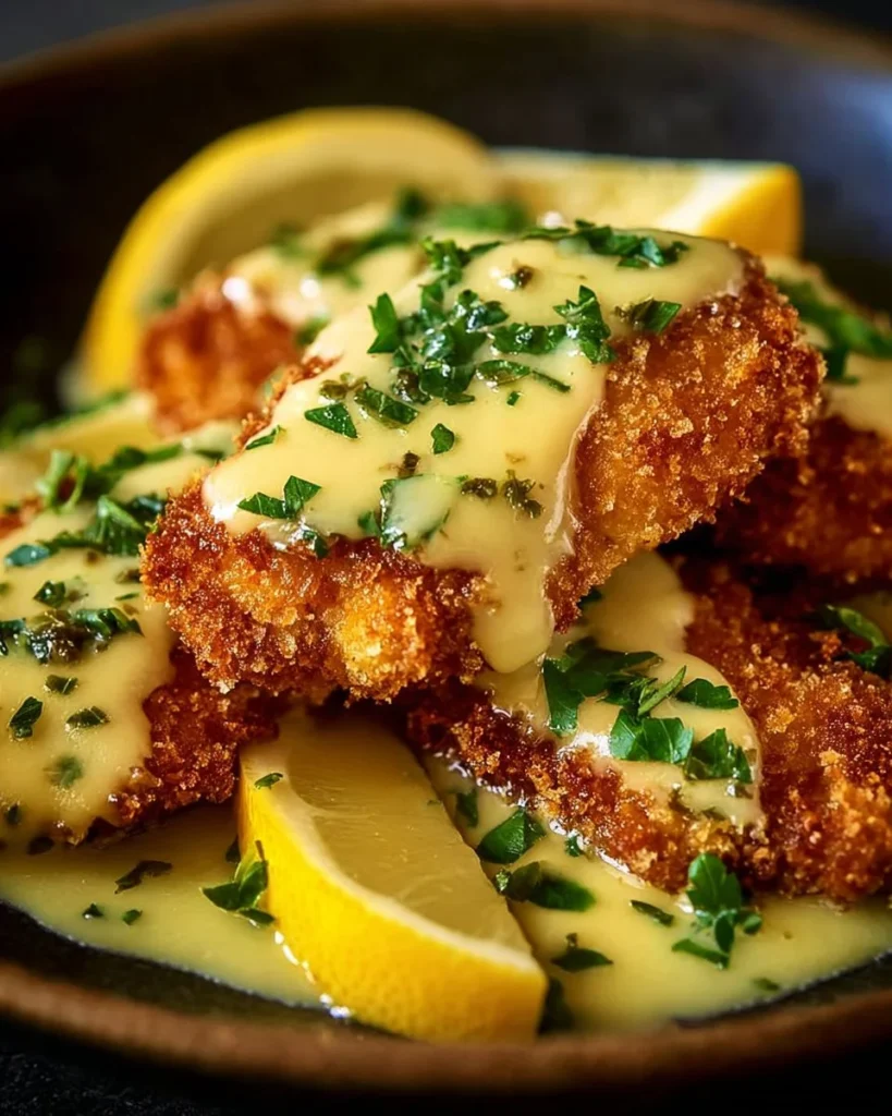 Lemon Pecorino Chicken Cutlets served on a plate with fresh herbs and lemon slices.
