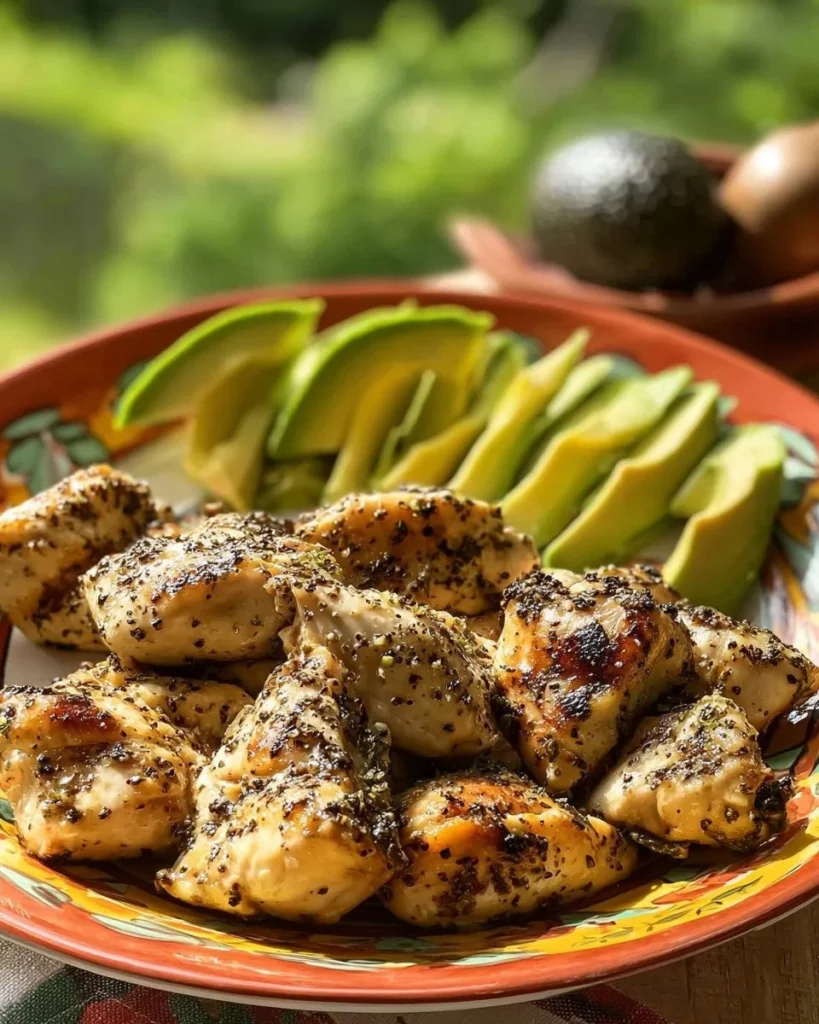 Plate of Lemon Pepper Chicken topped with fresh avocado slices