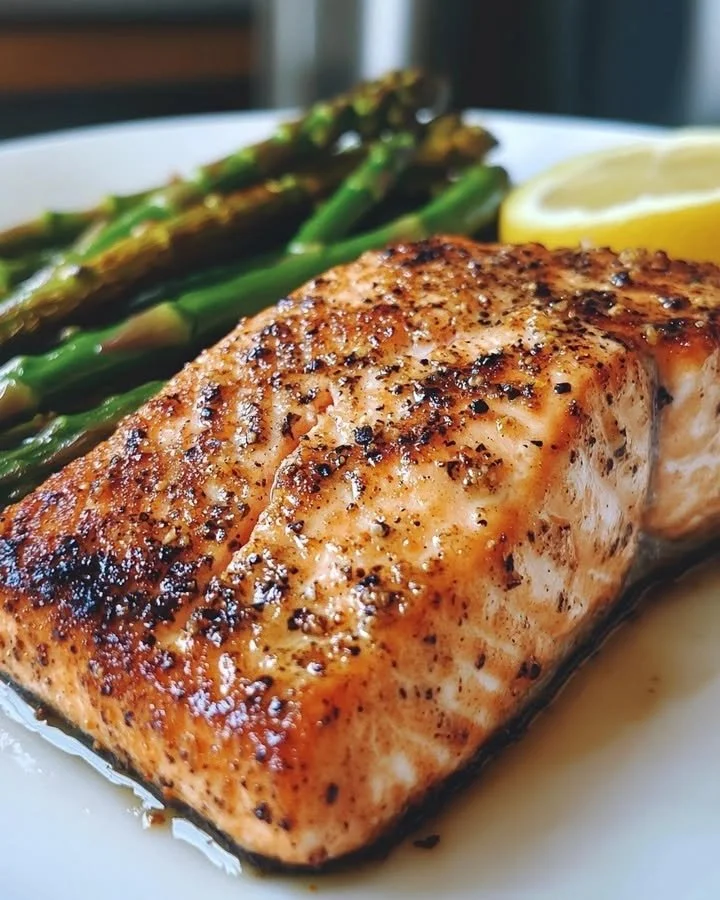Delicious Lemon Pepper Grilled Salmon served with lemon slices and herbs