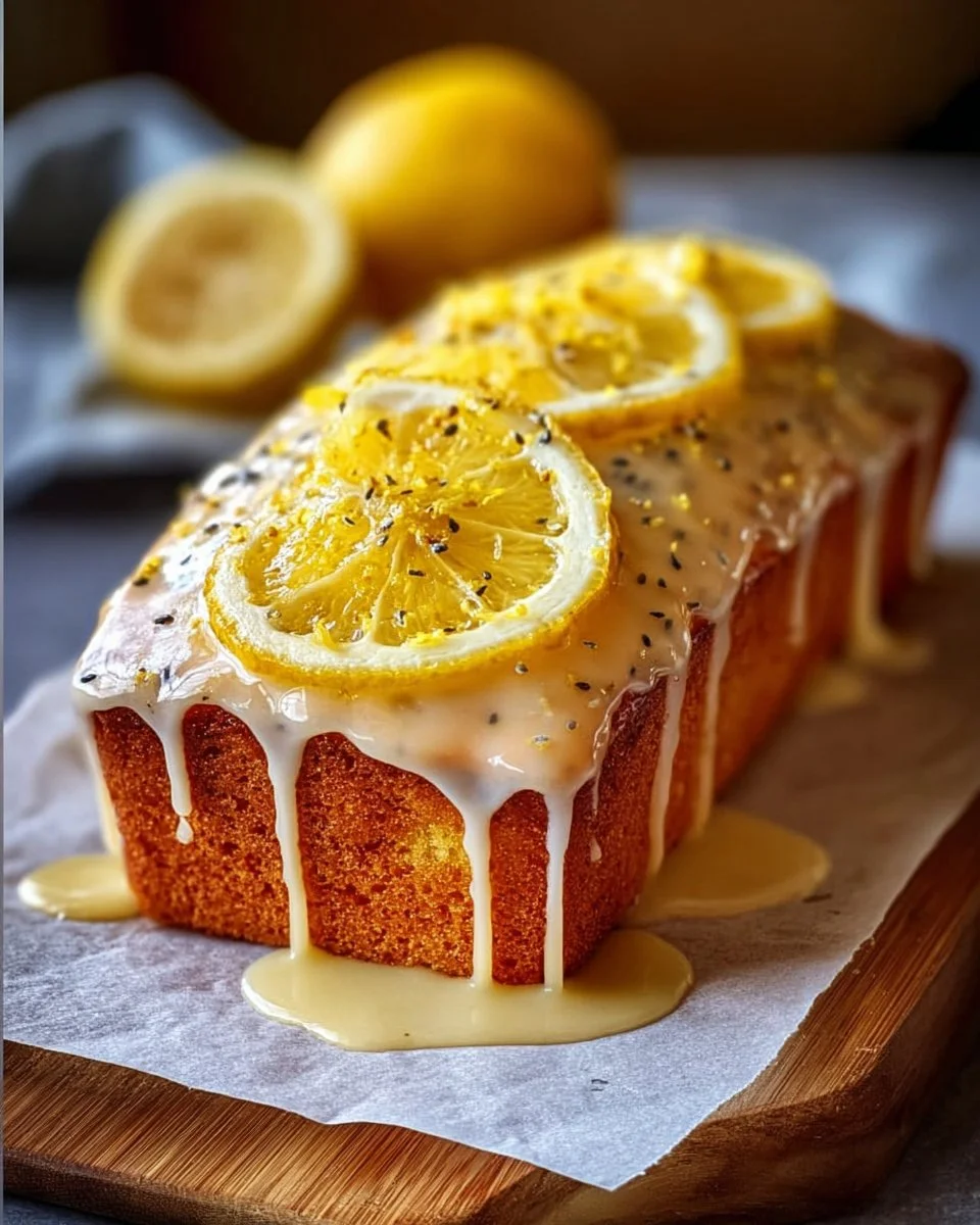 Lemon poppy seed loaf with lemon glaze on a rustic wooden table.