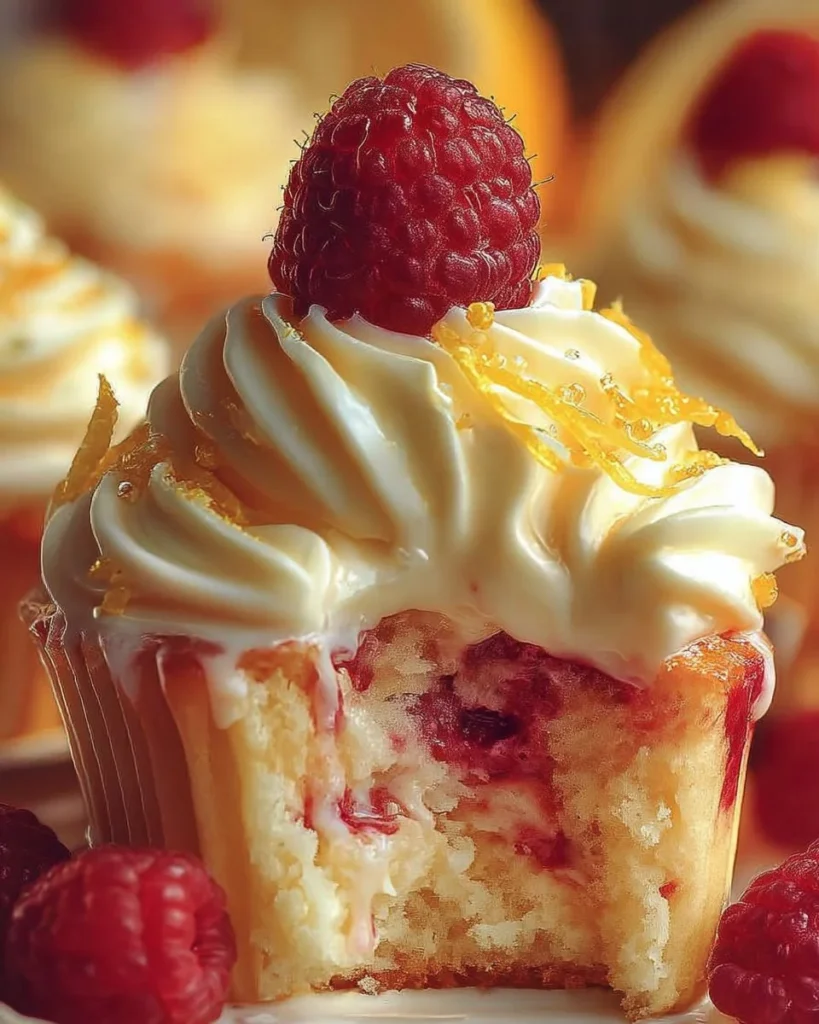 Lemon Raspberry Cream Cheese Cupcakes with fresh raspberries and frosting