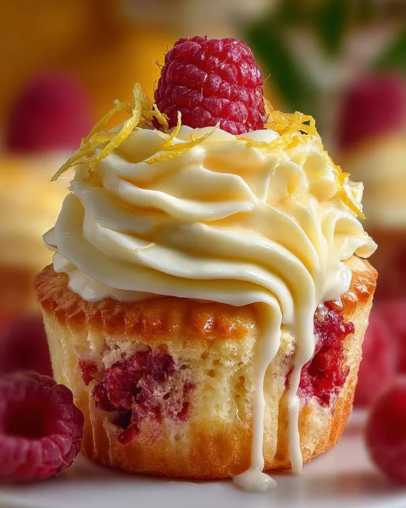 Lemon raspberry cream cheese cupcakes topped with frosting and fresh raspberries