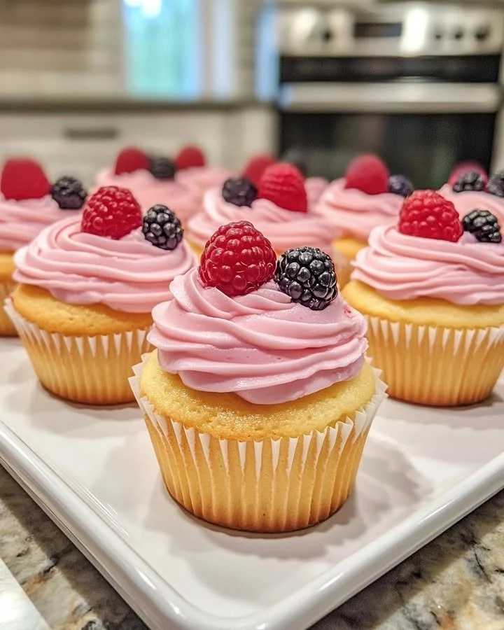 Fresh lemon raspberry cupcakes topped with creamy frosting and garnished with raspberries.