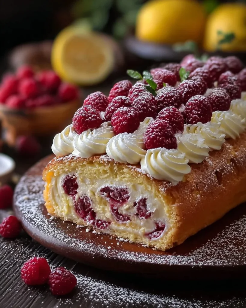 Lemon Raspberry Mascarpone Log dessert topped with fresh raspberries and lemon zest.