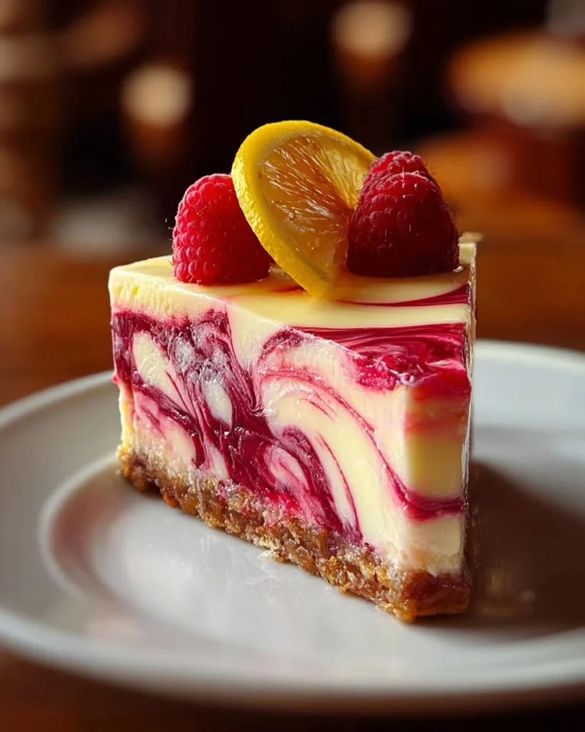 Slice of Lemon Raspberry Swirl Cheesecake with raspberry topping and lemon zest