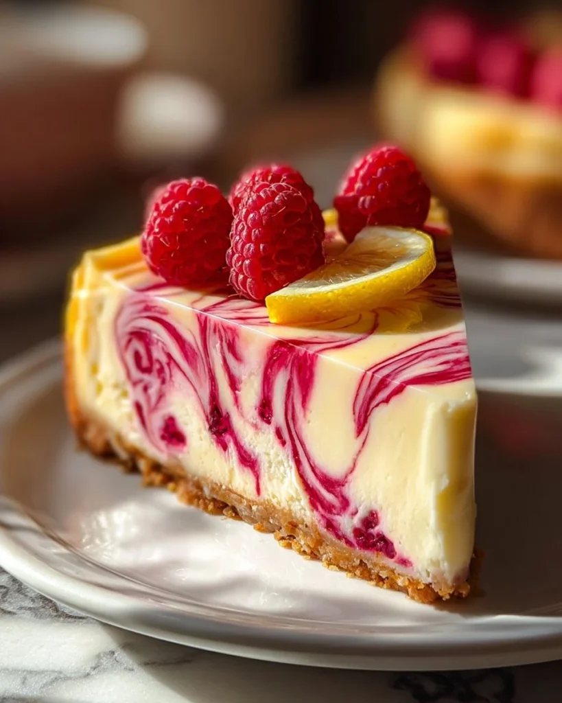 Lemon Raspberry Swirl Cheesecake topped with fresh raspberries and lemon zest.