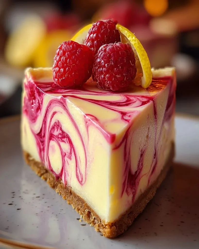 Slice of Lemon Raspberry Swirl Cheesecake topped with fresh raspberries