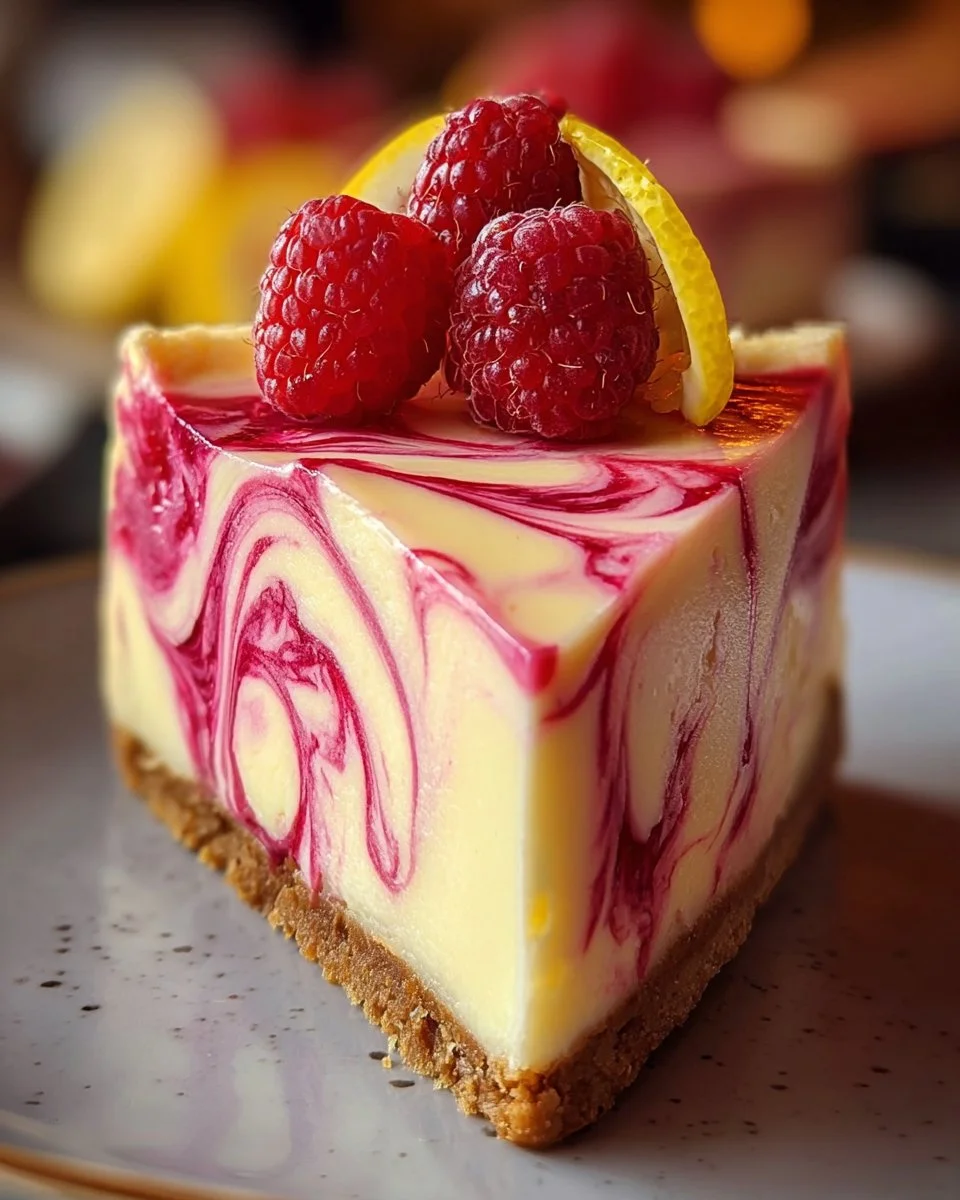 Slice of Lemon Raspberry Swirl Cheesecake topped with fresh raspberries