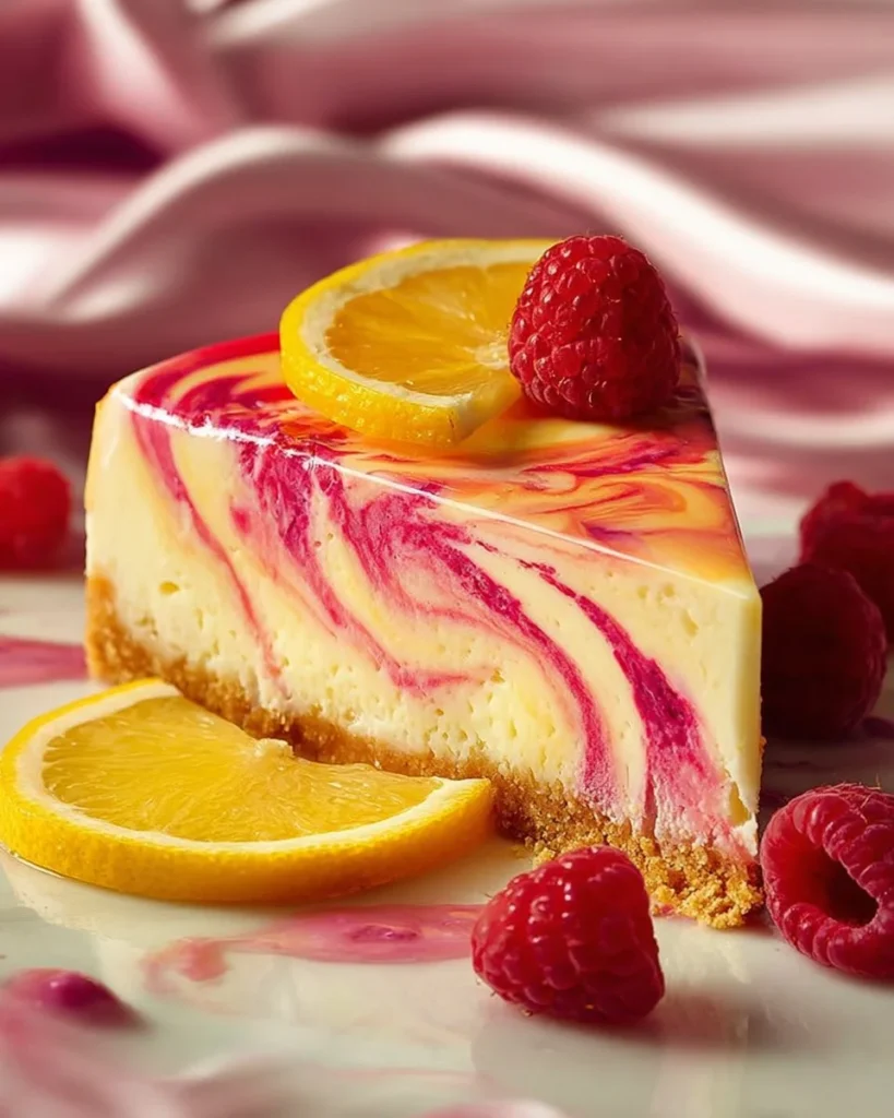 Lemon Raspberry Swirl Cheesecake topped with fresh raspberries and lemon zest.