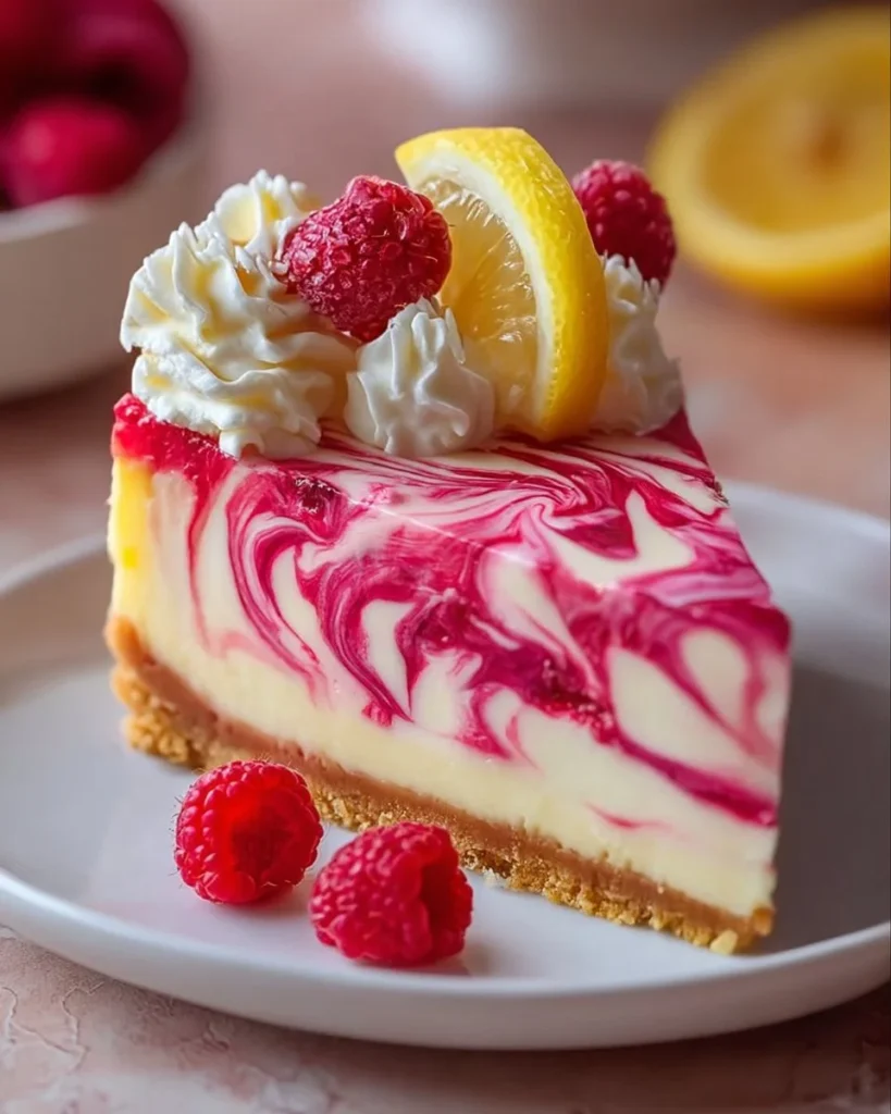 Lemon Raspberry Swirl Cheesecake dessert with vibrant raspberry and lemon swirls