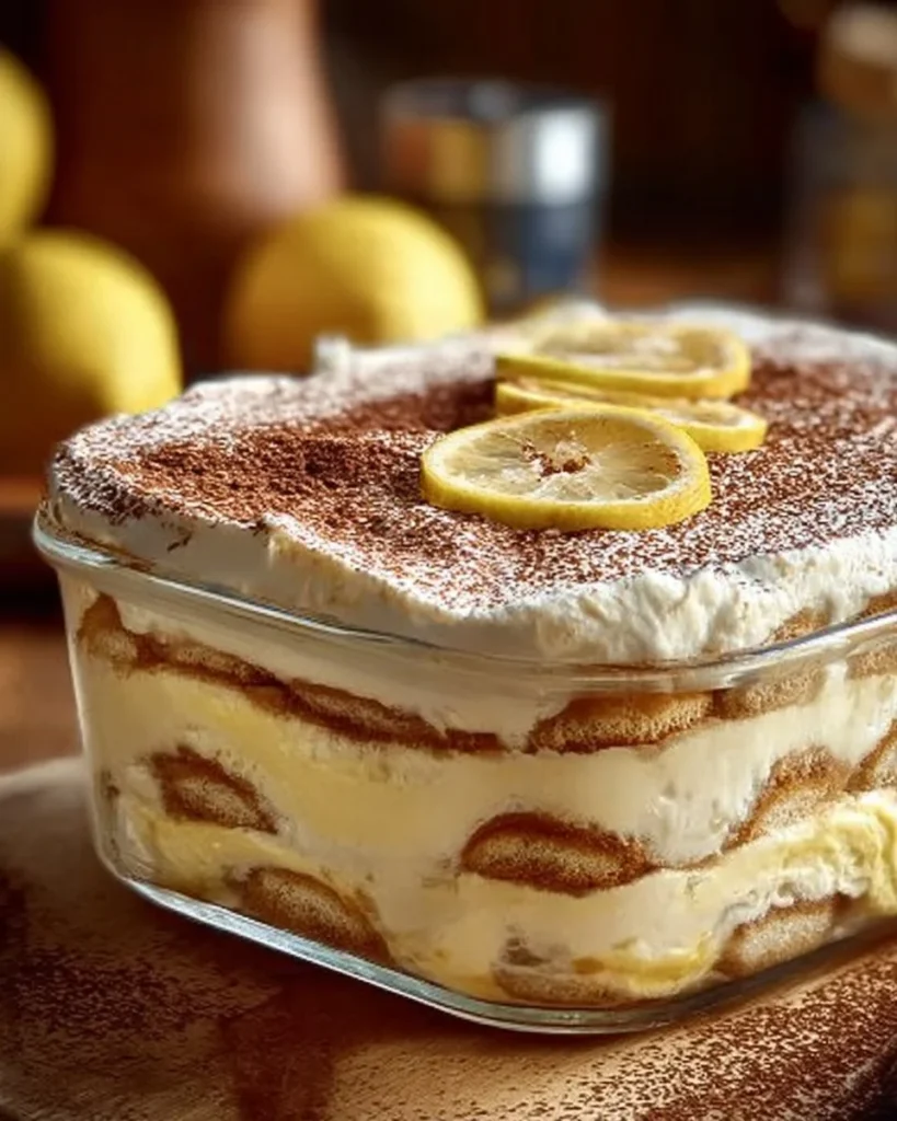 Delicious lemon tiramisu dessert garnished with lemon slices and mint