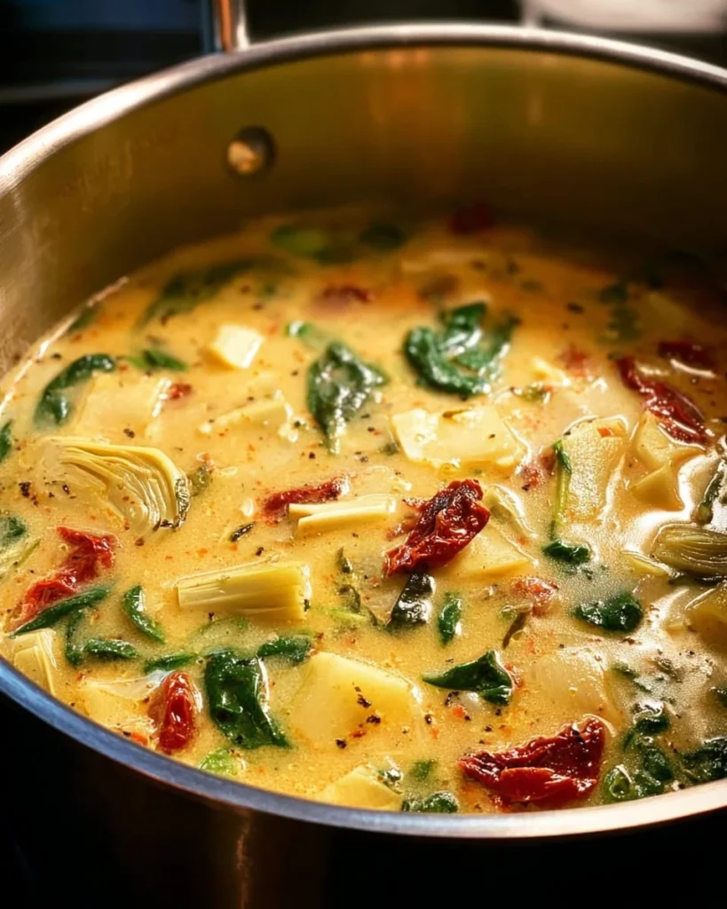 Bowl of Lemon Tuscan Artichoke Soup garnished with fresh herbs and lemon slices
