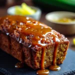 Sliced lemon zucchini bread topped with decadent caramel glaze on a wooden table