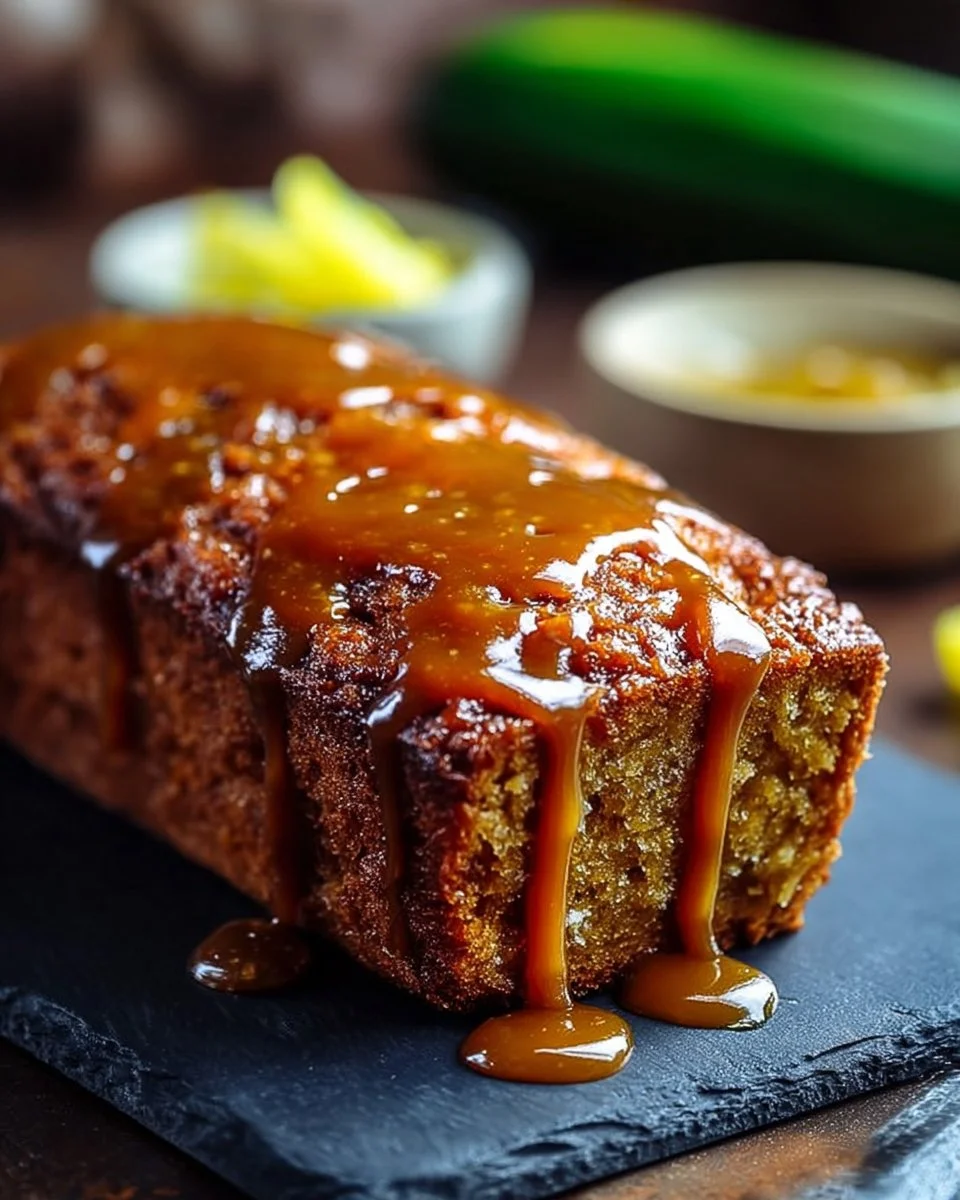 Sliced lemon zucchini bread topped with decadent caramel glaze on a wooden table
