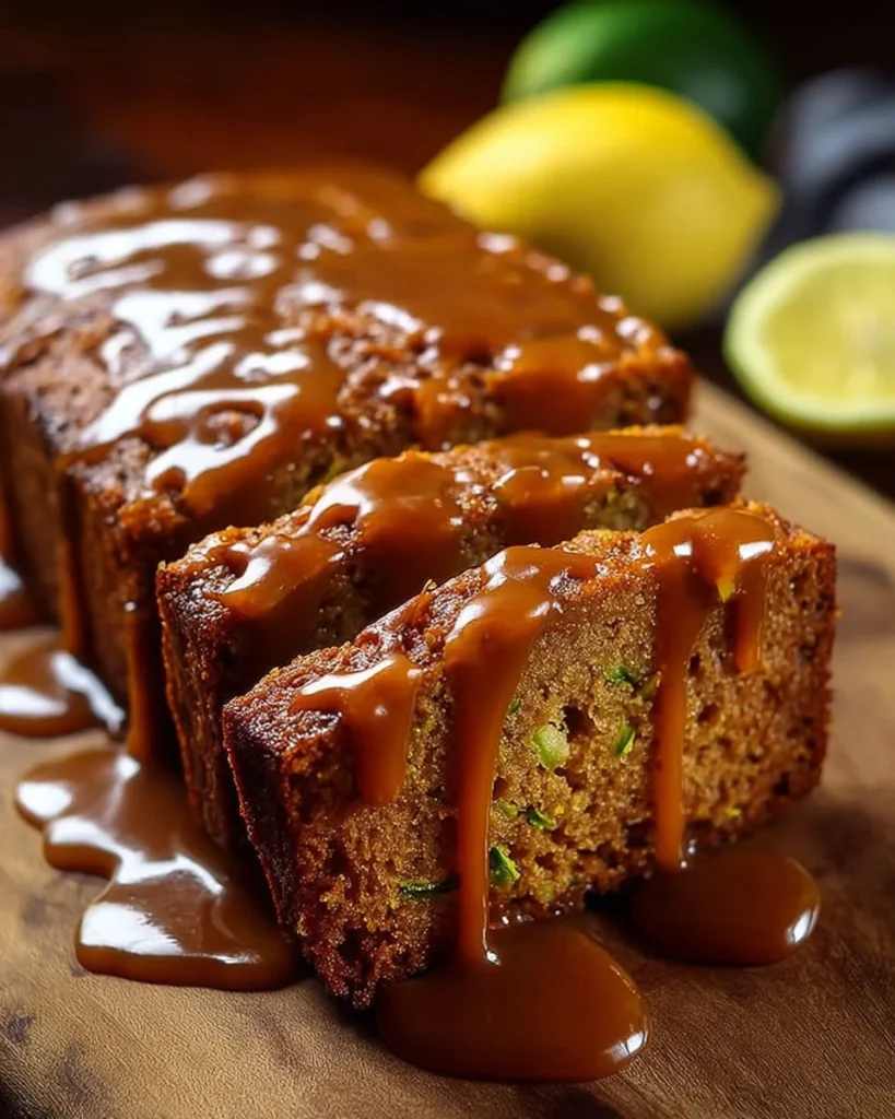 Lemon zucchini bread with caramel glaze on a white plate