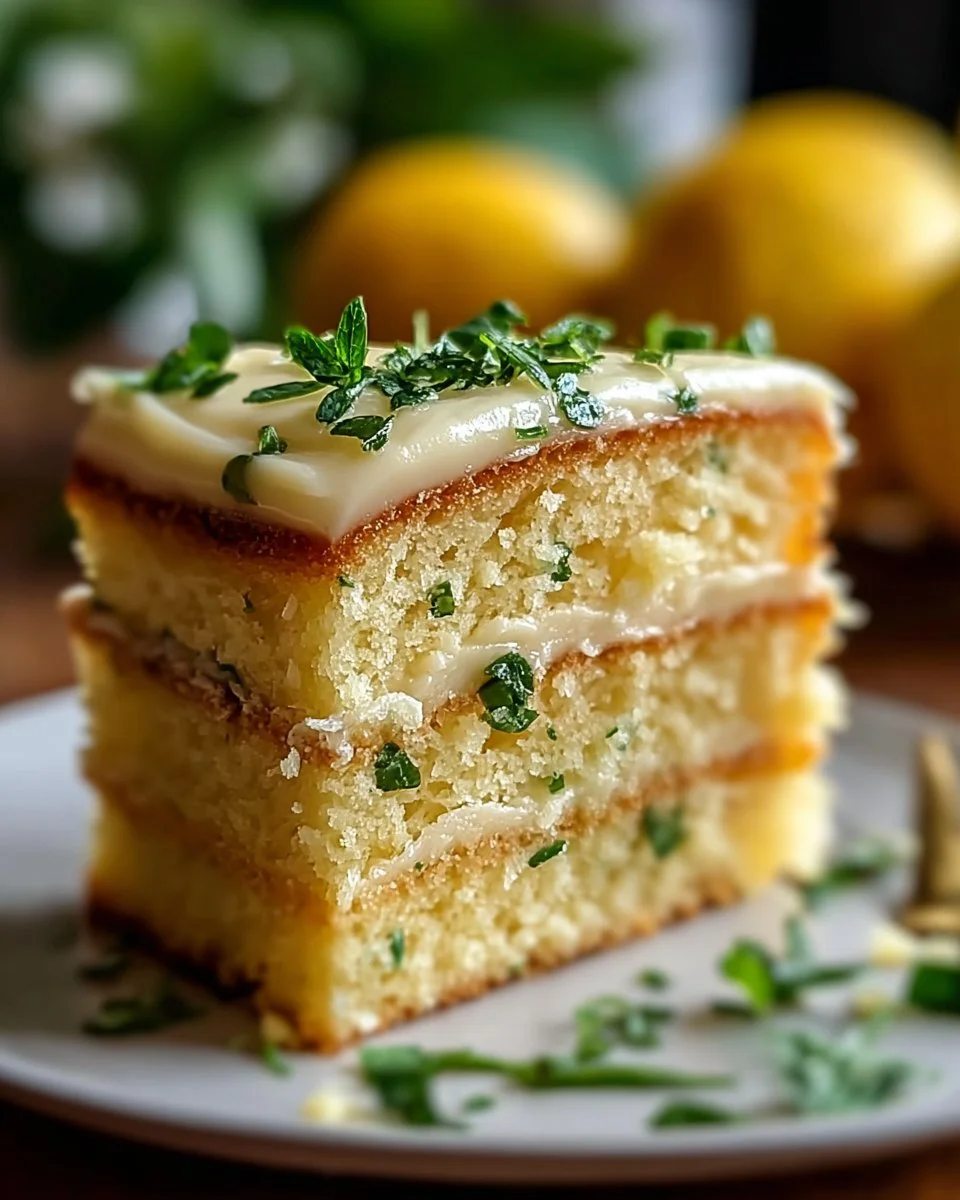 Lemon Zucchini Cake topped with creamy frosting and garnished with lemon slices