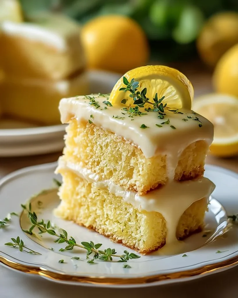 Lemon zucchini cake with cream cheese frosting on a decorative plate.