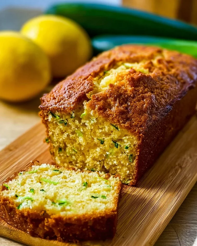 Slice of lemon zucchini bread on a plate, showcasing its moist texture and vibrant flavors.