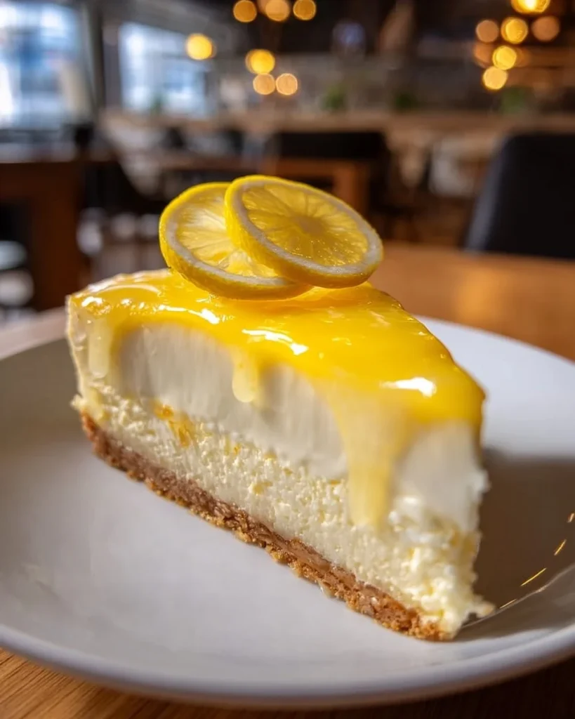 Delicious Lemonade Layer Cheesecake served with a slice of lemon garnish