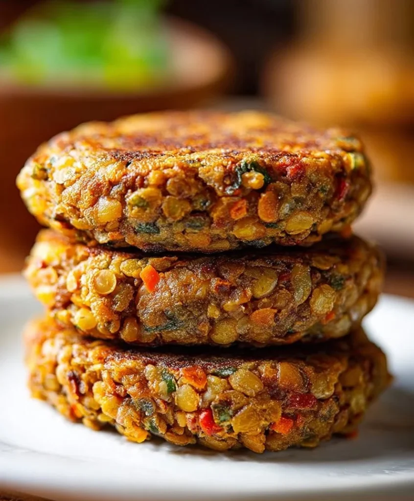 Delicious homemade lentil burger on a plate with fresh toppings