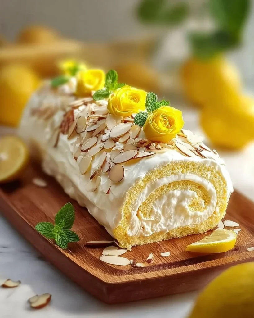 Limoncello Almond Cake Roll topped with fresh almonds and lemon zest