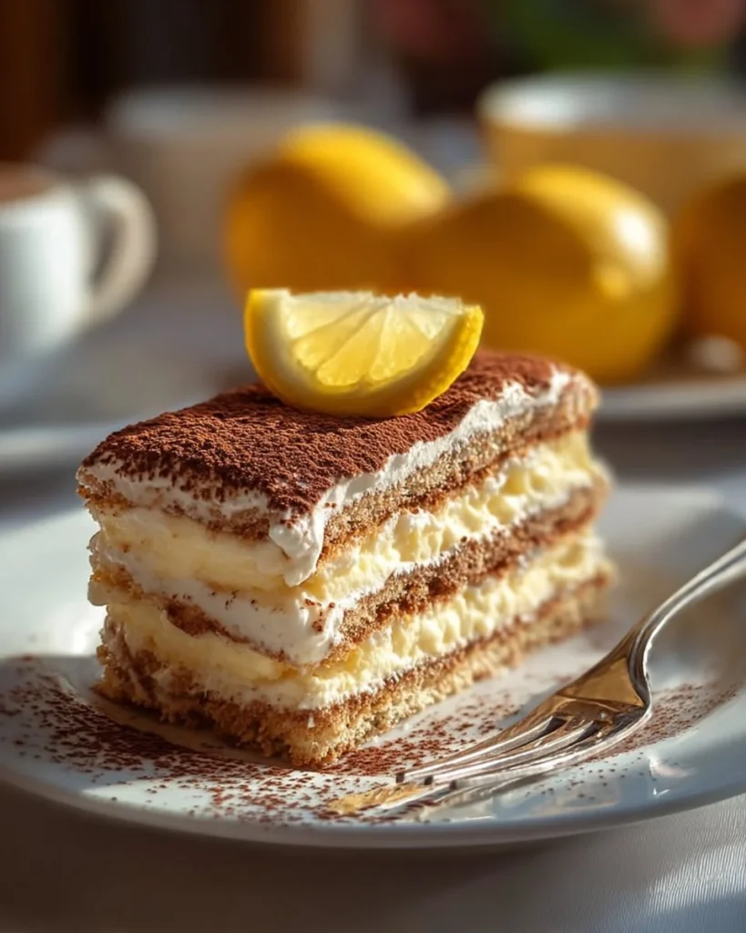 Slice of Limoncello Tiramisu dessert topped with lemon zest and cocoa powder