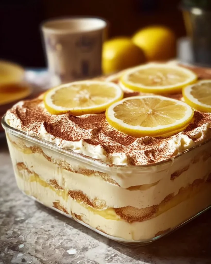 Delicious Limoncello Tiramisu dessert served in a glass, garnished with lemon zest.