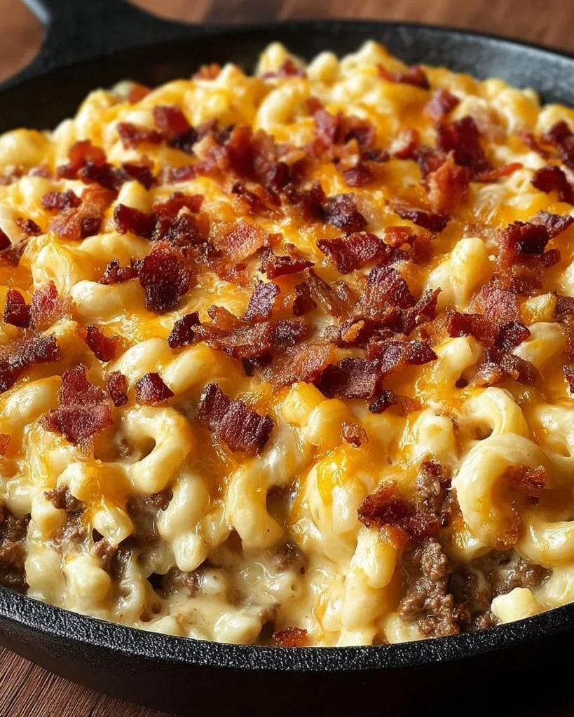 Delicious Loaded Bacon Cheeseburger Alfredo Pasta served in a bowl.