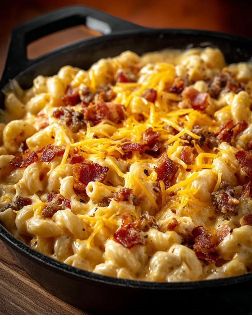 Delicious Loaded Bacon Cheeseburger Alfredo Pasta served on a plate