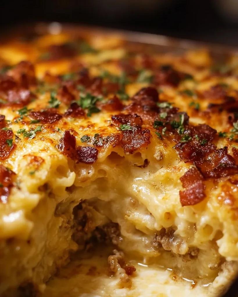 Delicious Loaded Bacon Cheeseburger Mac and Cheese Bake topped with crispy bacon