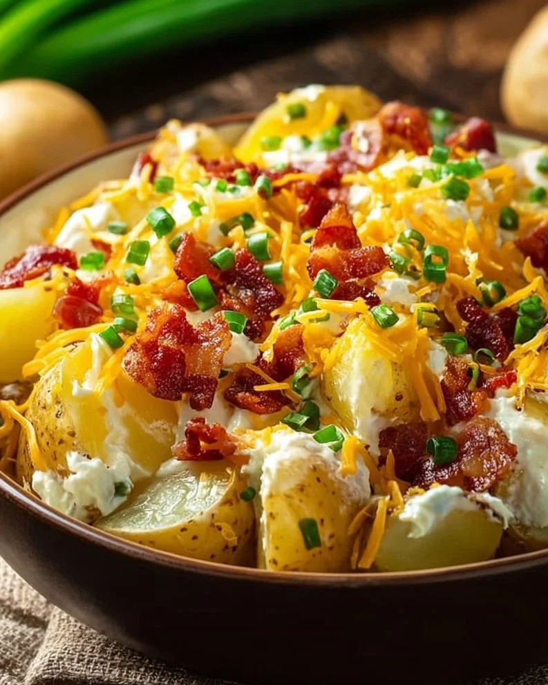 Delicious loaded baked potato salad with toppings and garnishes.