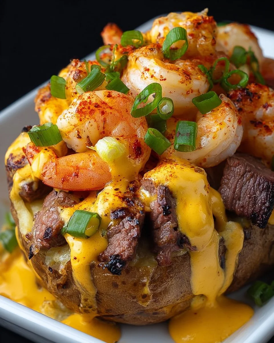 Loaded baked potato topped with steak, shrimp, and chicken on a serving plate.